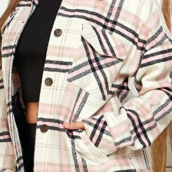 Boho Western Pink Black Plaid Flannel Shirt Jacket Shacket Outerwear - Picture 6 of 6